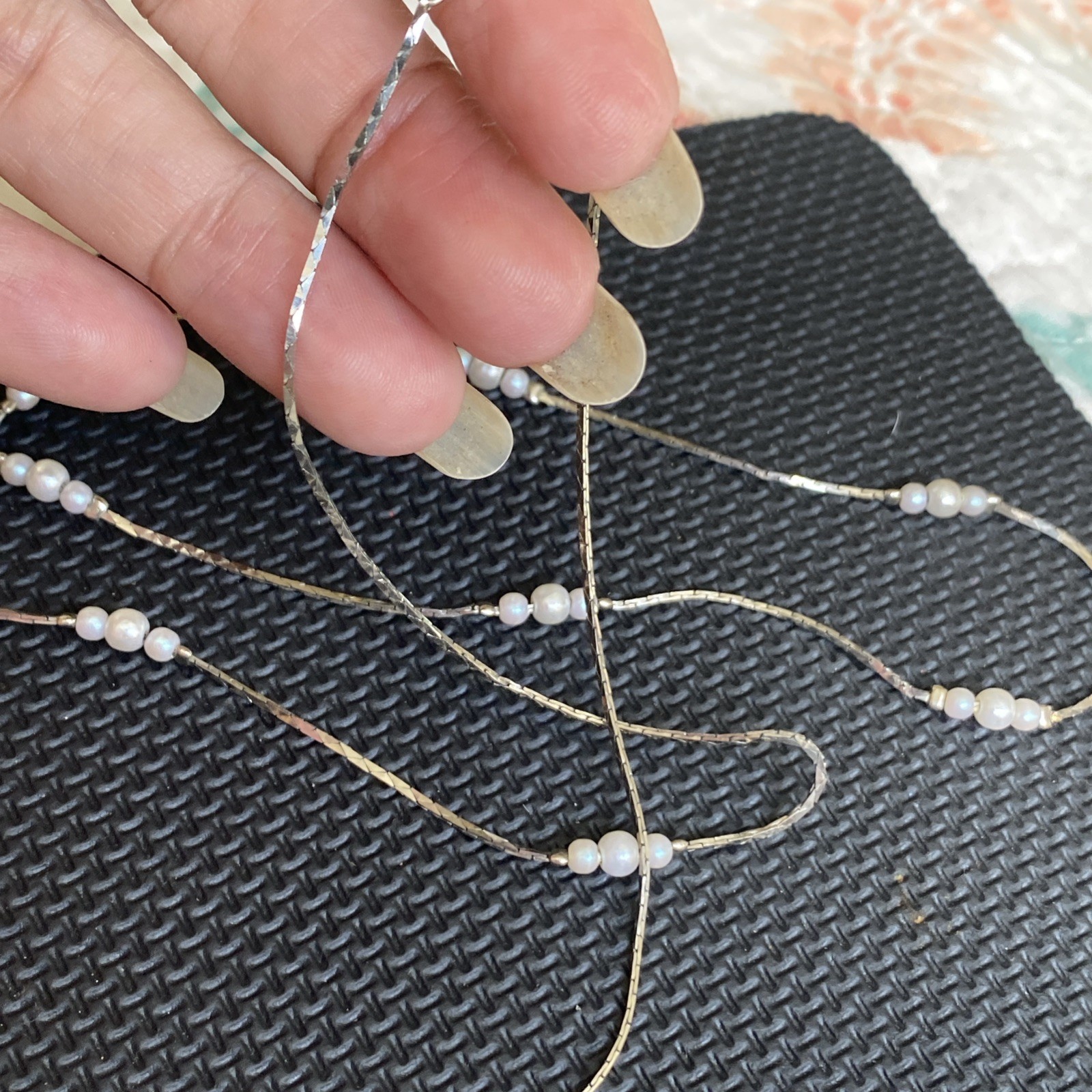Vintage Serpentine and Faux Pearl Station Necklace , Marked Korea 30″