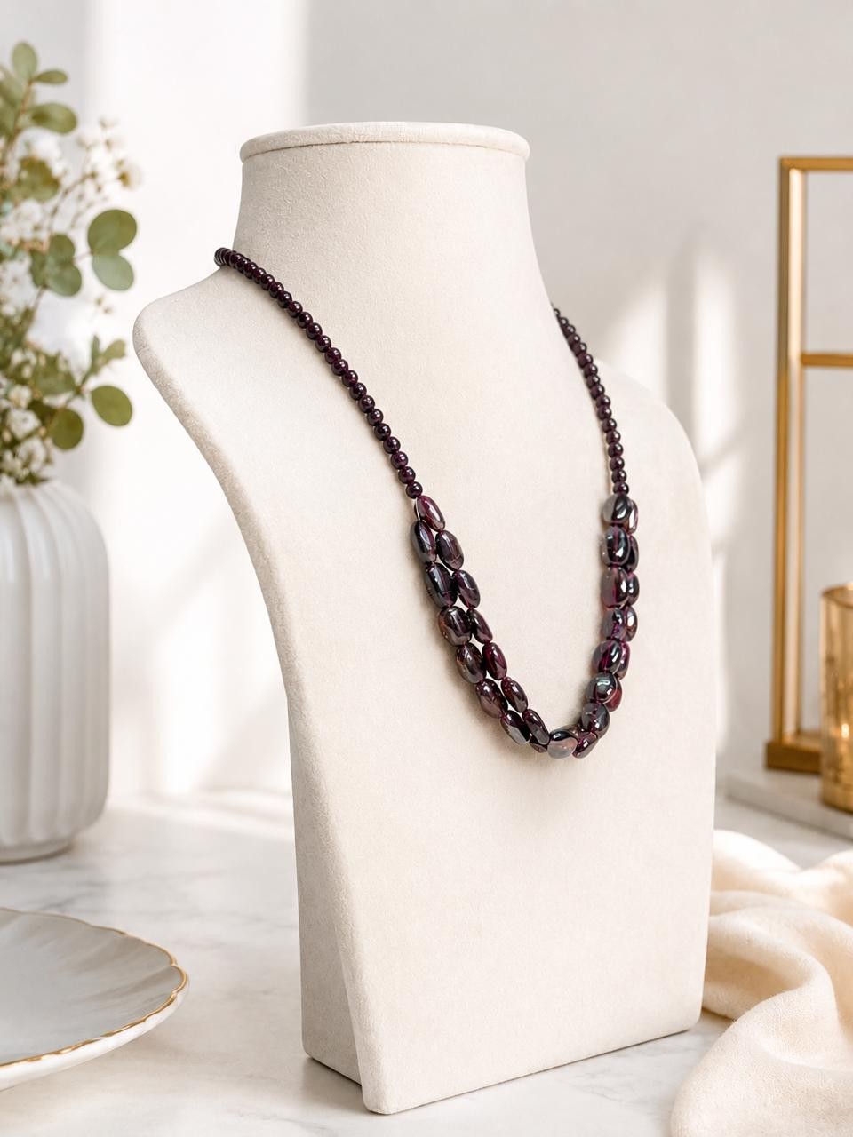 Handmade Maroon Garnet Beaded Necklace Statement Gemstone Jewelry