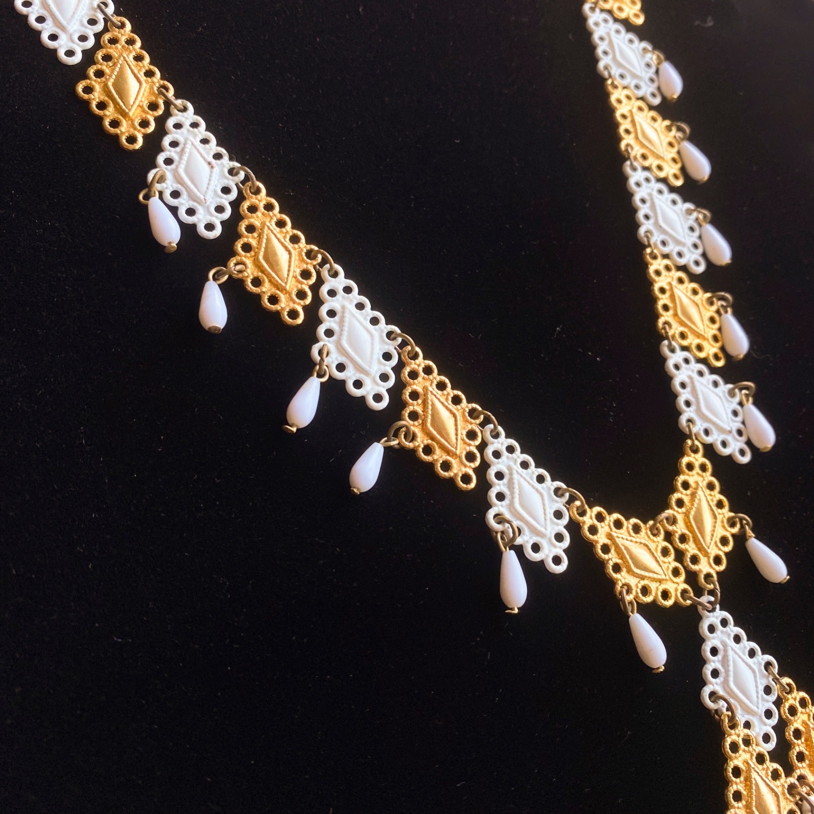 Vintage 60s 70s gold white pendant necklace filigree statement mid century mcm