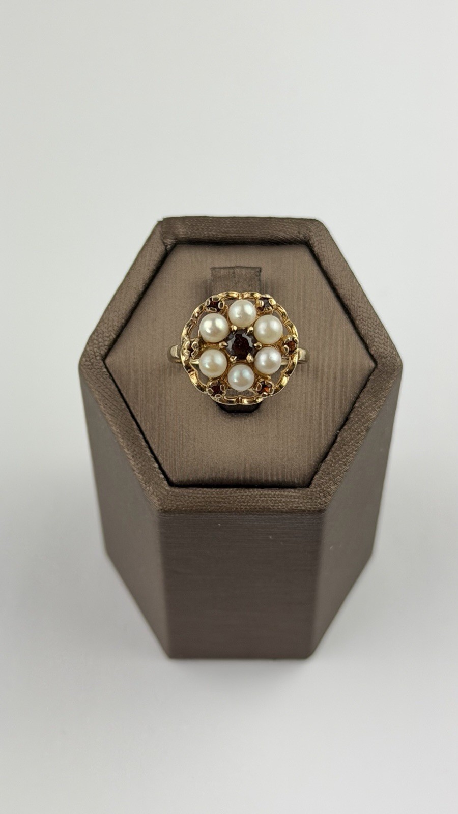 Pearl And Garnet 9ct Gold Ring , Vintage And Hallmarked Yellow Gold