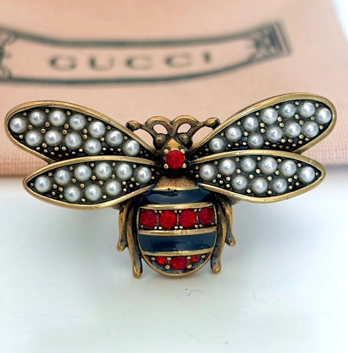 Vintage Gucci Bee Crystal Faux Pearl Adjustable Ring Gold Tone Italy US7.5