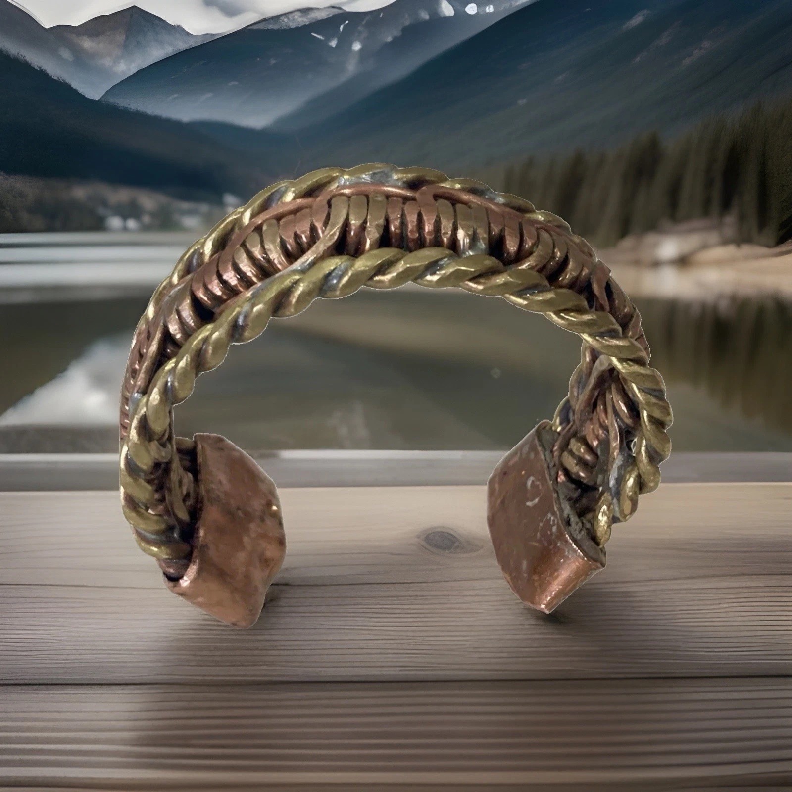 Heavy Handcrafted brass, copper and bronze braided wire cuff bracelet size 7