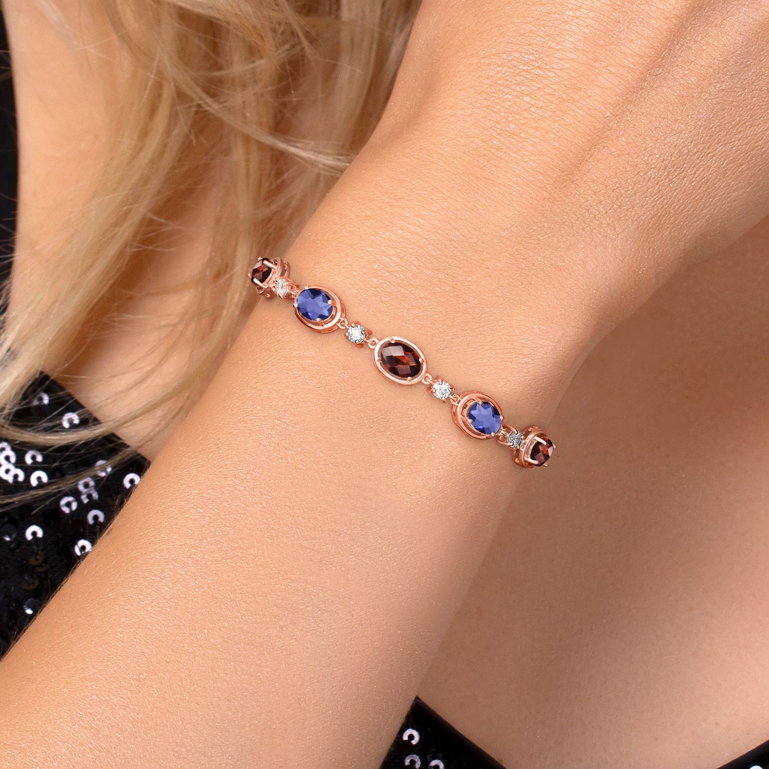 18K Rose Gold Plated Silver Garnet and Blue Iolite and Lab Grown Diamond