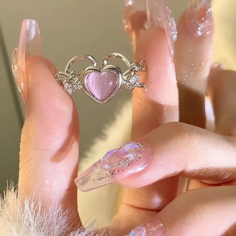 New Adjustable Heart Opening Ring Cat Eye Women Rings Fashion Jewelry Pink Love