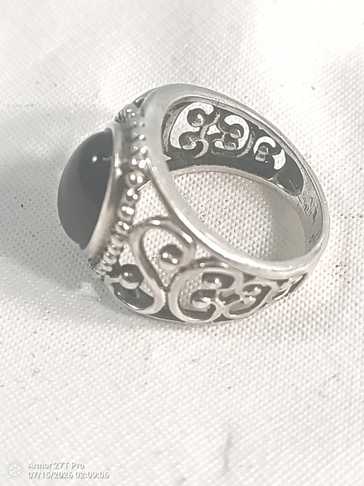 Vintage Signed RJ Sterling Silver 925 Black Onyx Filigree Statement Ring Size 5