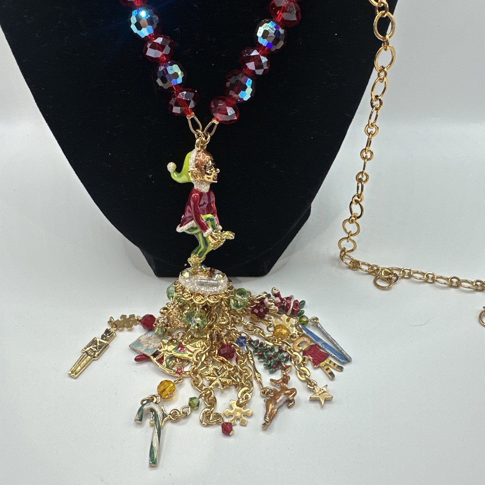Kirks Folly Brass/Gold-Tone “Ouch the Elf” Red Bead Necklace 29 1/2″ Necklace