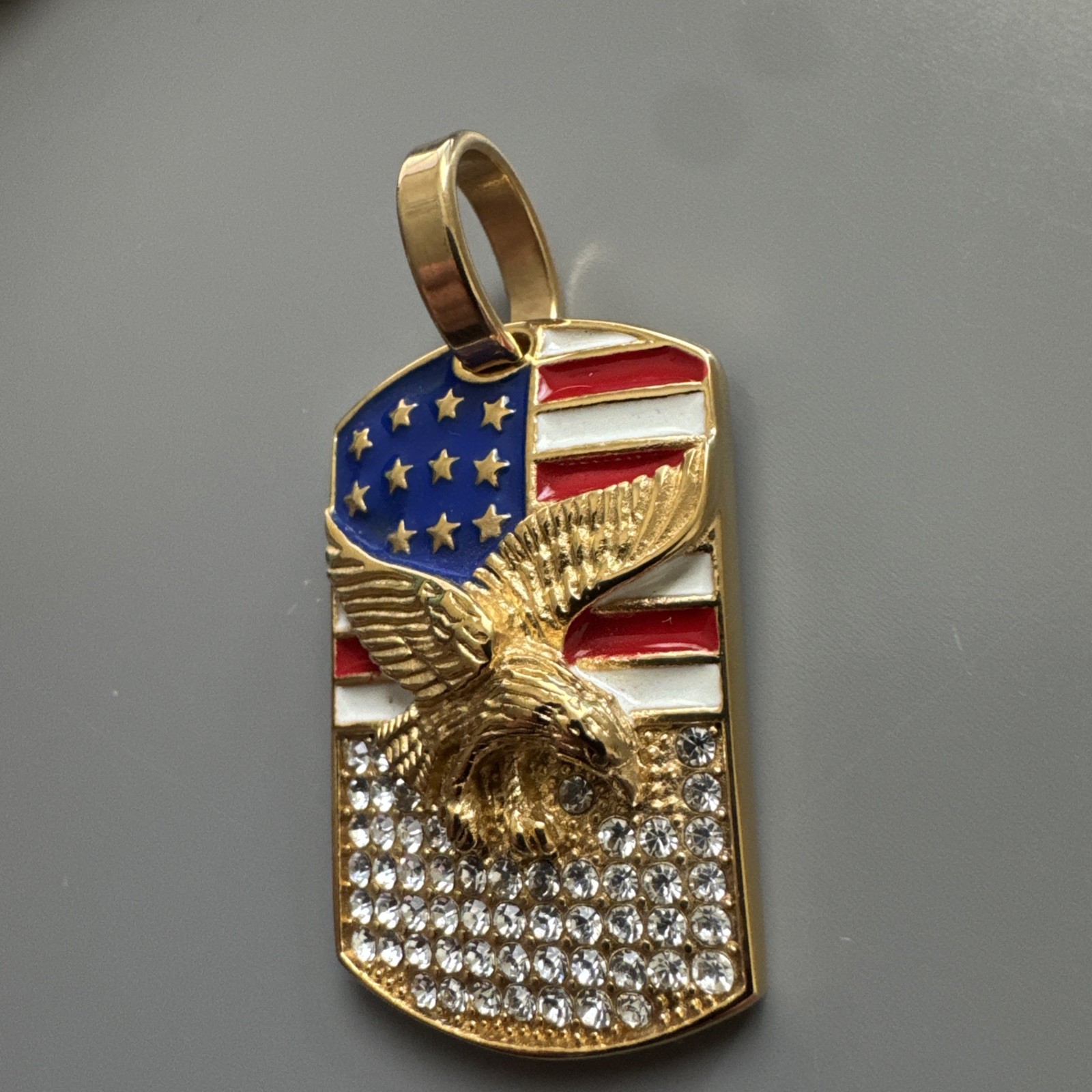 U.S.A America Flag Pendant Cubic Zirconia Stainless Steel 24” Chain Eagle Gold