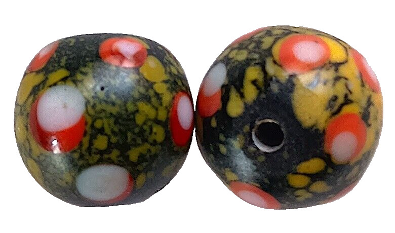 Beads, Glass, Set of 2 Pieces – Old, .6″, Black with Yellow, Red, White Eyes