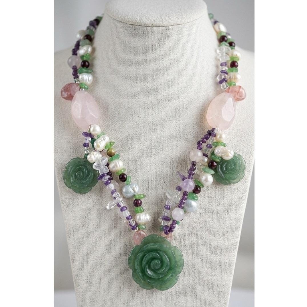 Green Aventurine Rose Gemstone Pearl Multi Strand Statement Necklace 18in