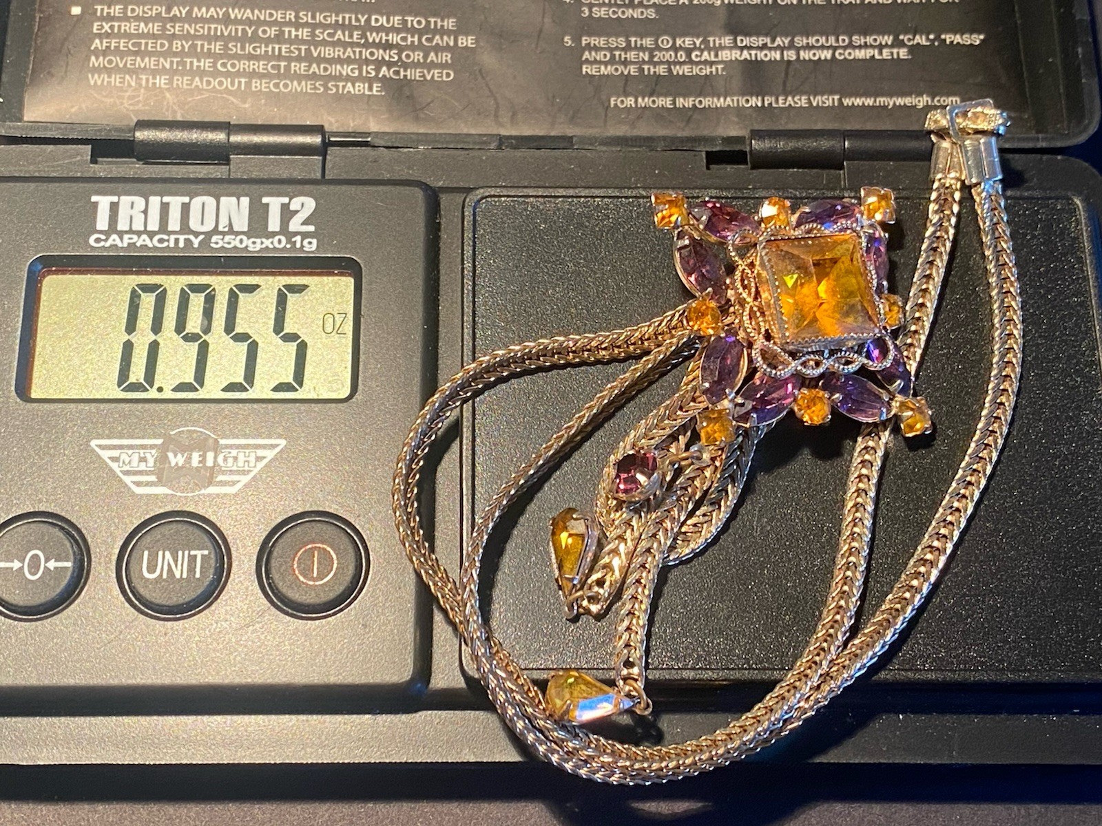 Fixed-Pendant Lariat Necklace Faux Citrine & Amethyst Herringbone Chain ’70s VTG