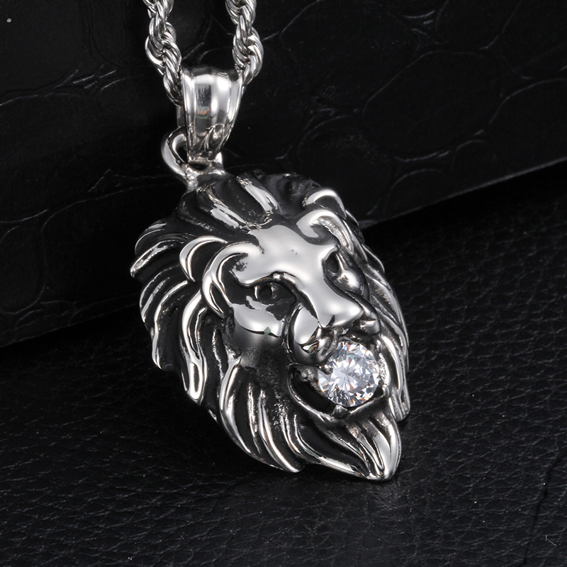 Mens Gift Stainless Steel Cool Lion Head CZ Charm Pendant Rope Necklace chain
