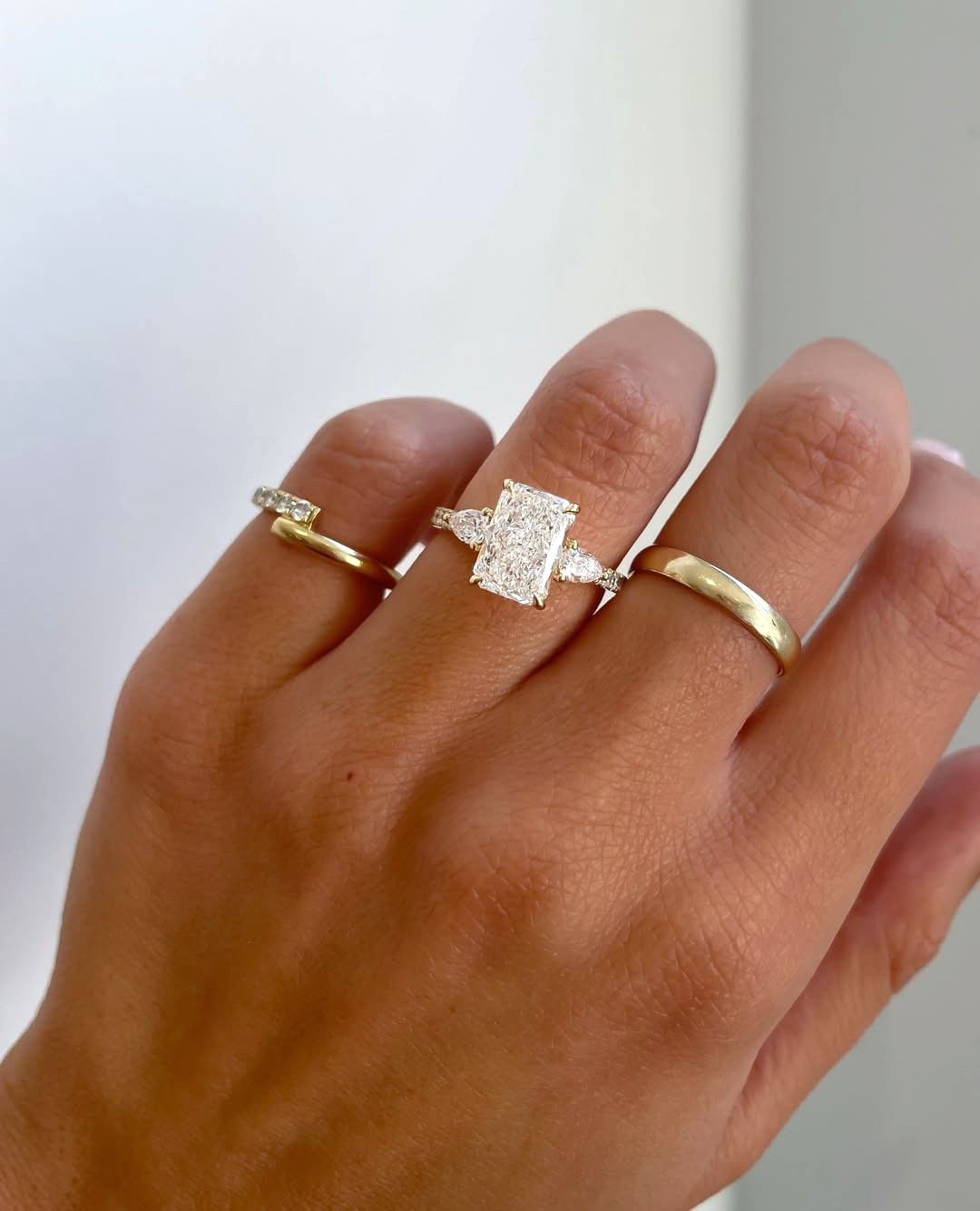 4 CT Radiant Cut Moissanite 3 Stone Engagement Ring Pear Sides Pave Band 925 Sil