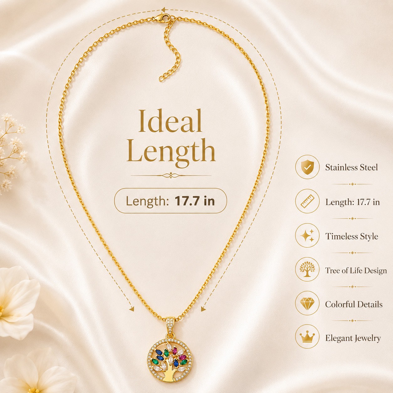 Tree of Life Necklace Women Gold Tone Stainless Steel Pendant Colorful Stones