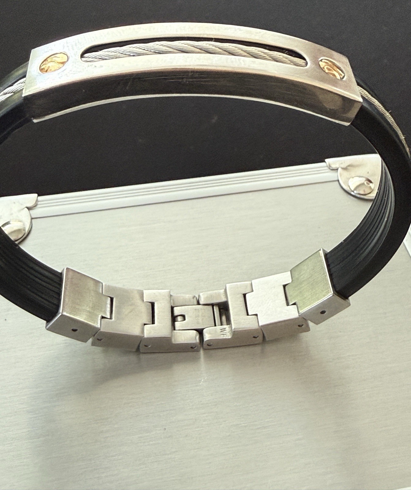 Triton Mens Bracelet Stainless Steel & Black Rubber 14K Gold Screws Cable Inlay