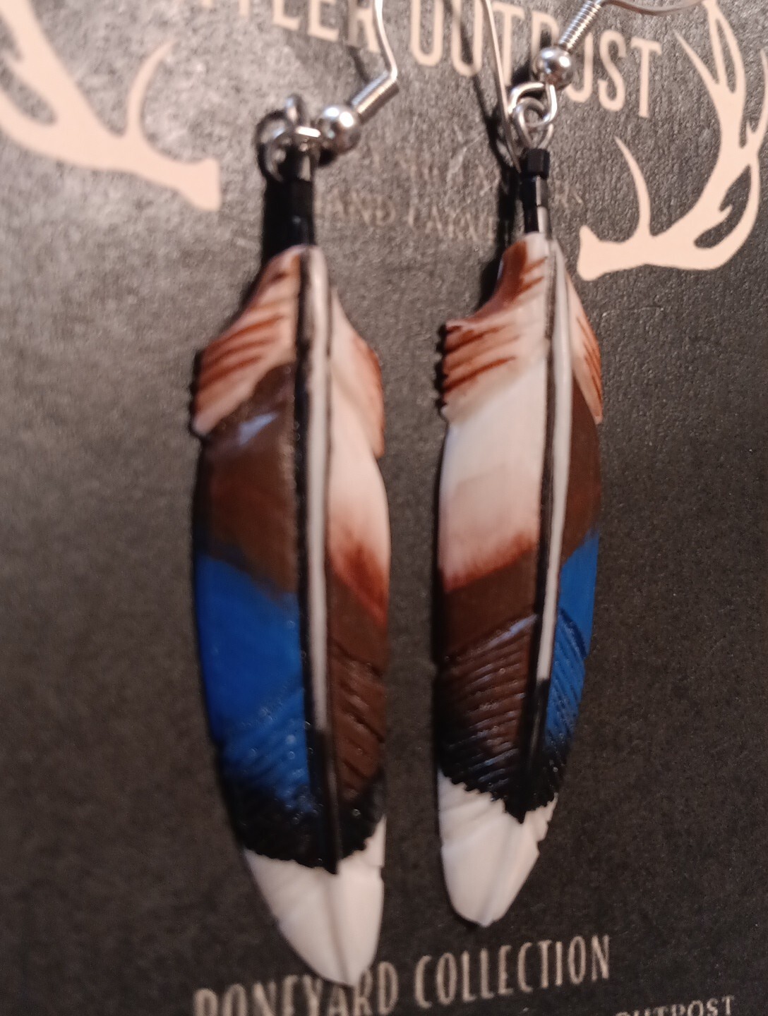 HANDMADE CARVED WATER BUFFALO BONE FEATHER EARRINGS ALASKA BONEYARD COLLECTION