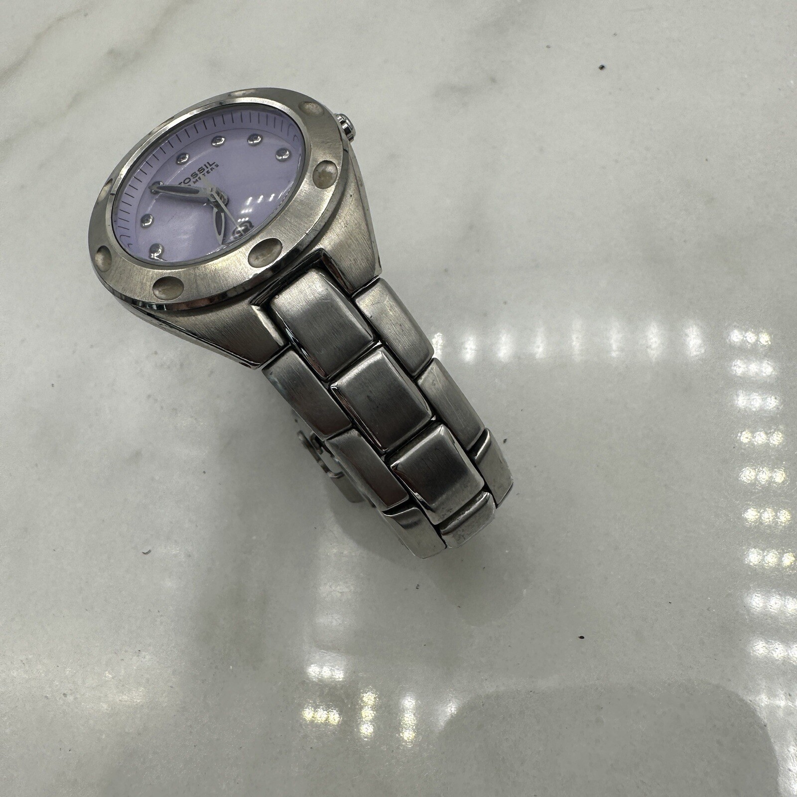 Fossil AM3388 Watch, Purple Dial, Silver Tone, New Battery Sz. 6.25”