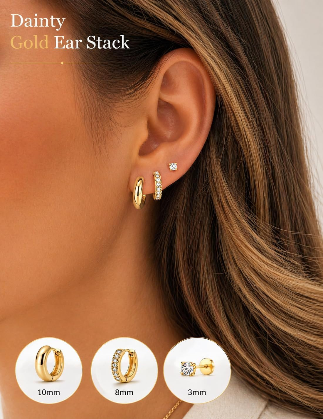 Gold Earring Stack for Women, 3 Pairs 14K Gold Plated Small Huggie Hoop & CZ Stu