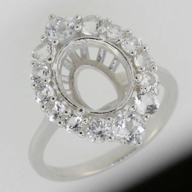 925 Sterling Silver Oval 9x7mm Semi Mount Ring Setting Halo Moissanite Ring