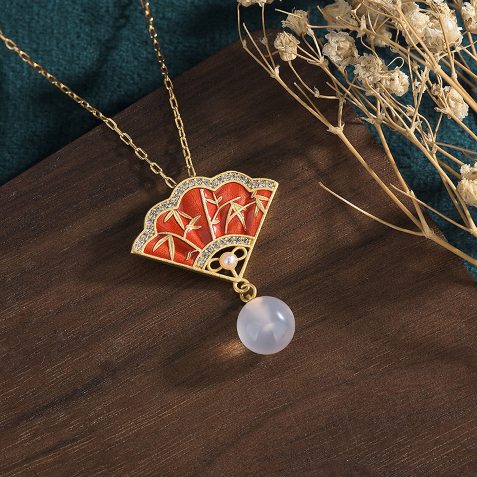 Jade Jewelry Cloisonne Fan Charm Pendant With Chain Necklace Gold Plated Gift