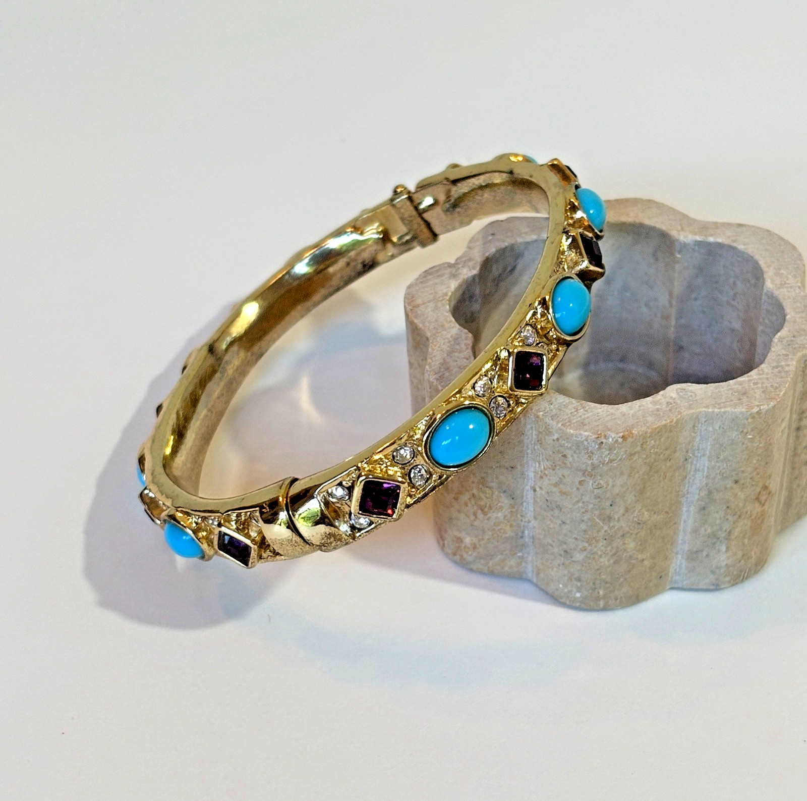 Kenneth Jay Lane Amethyst Faux Turquoise Cabochon Hinged Bracelet Gold Plate KJL