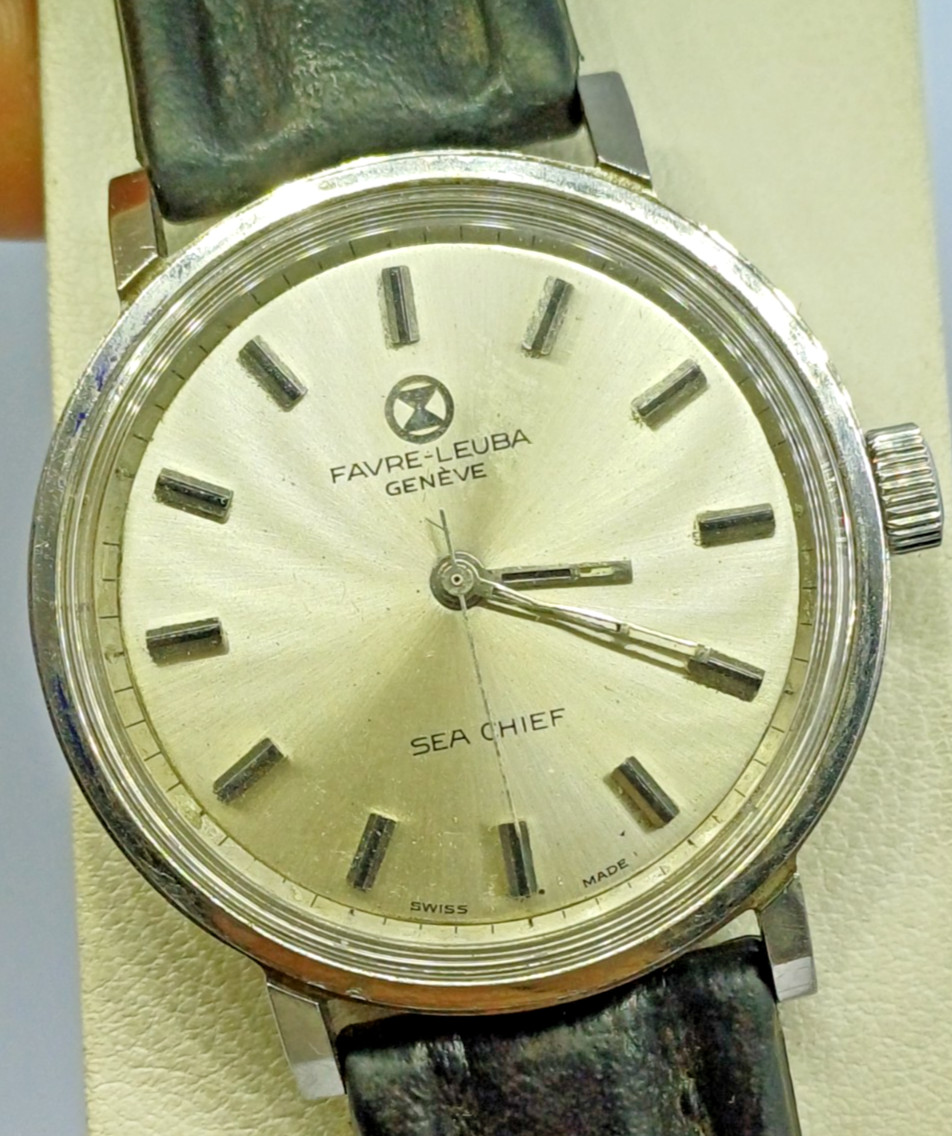 VINTG FAVRE LEUBA SEA CHIEF MANUAL TWIN POWER MENS SWISS LEATHER WATCH 35MM