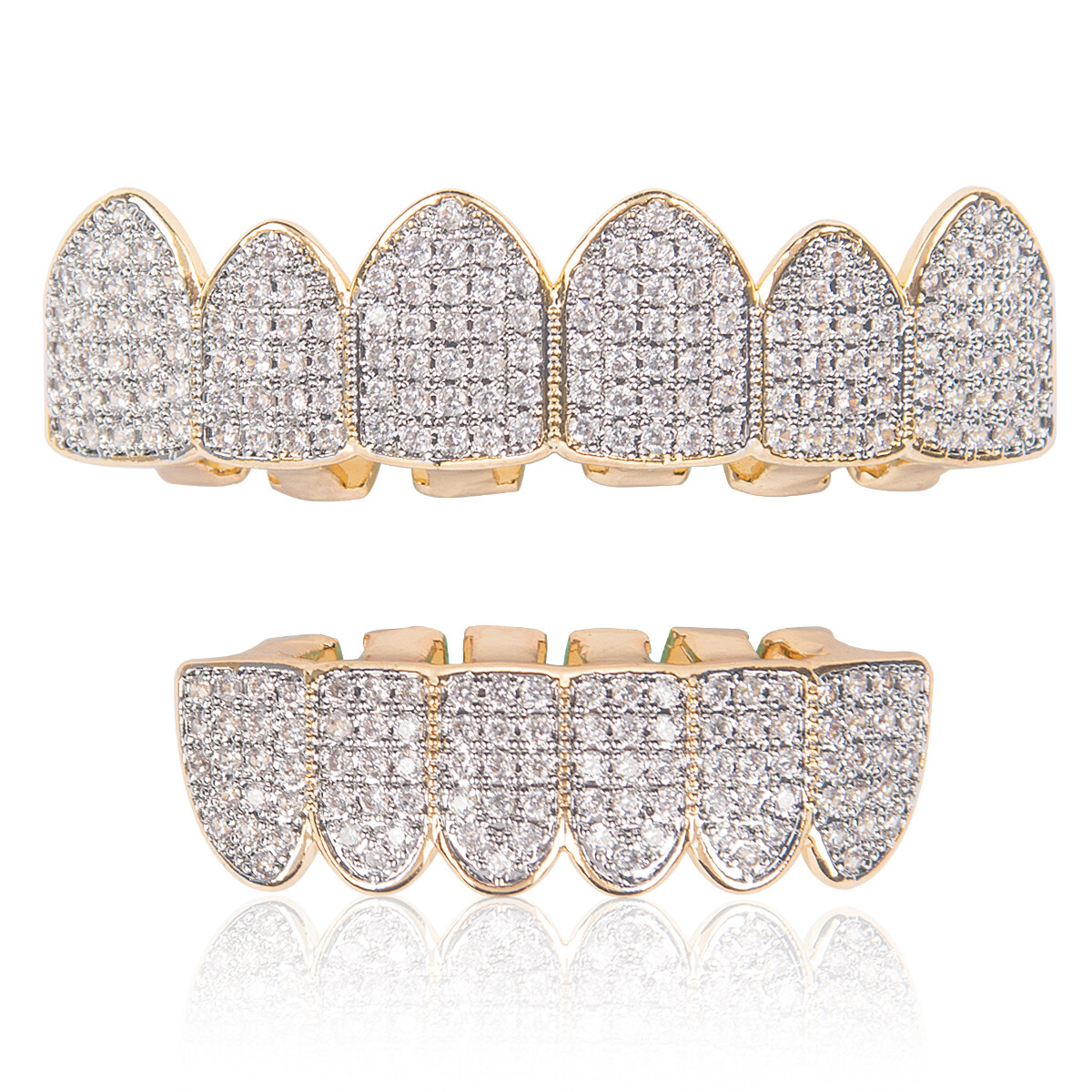 18K Gold Plated Grillz Hip Hop Top Bottom Diamond Teeth Grillz with Molding Bar
