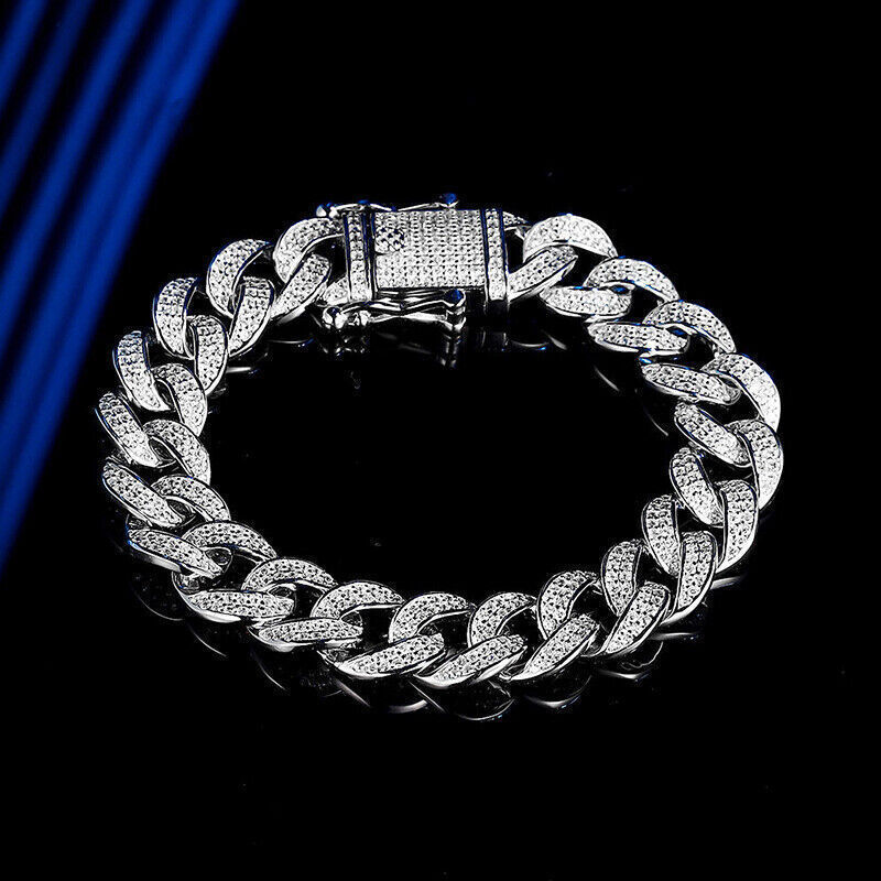 Real Miami Cuban Link Prong Chain Iced Out Hip Hop Men Bracelet 925 Silver 12mm