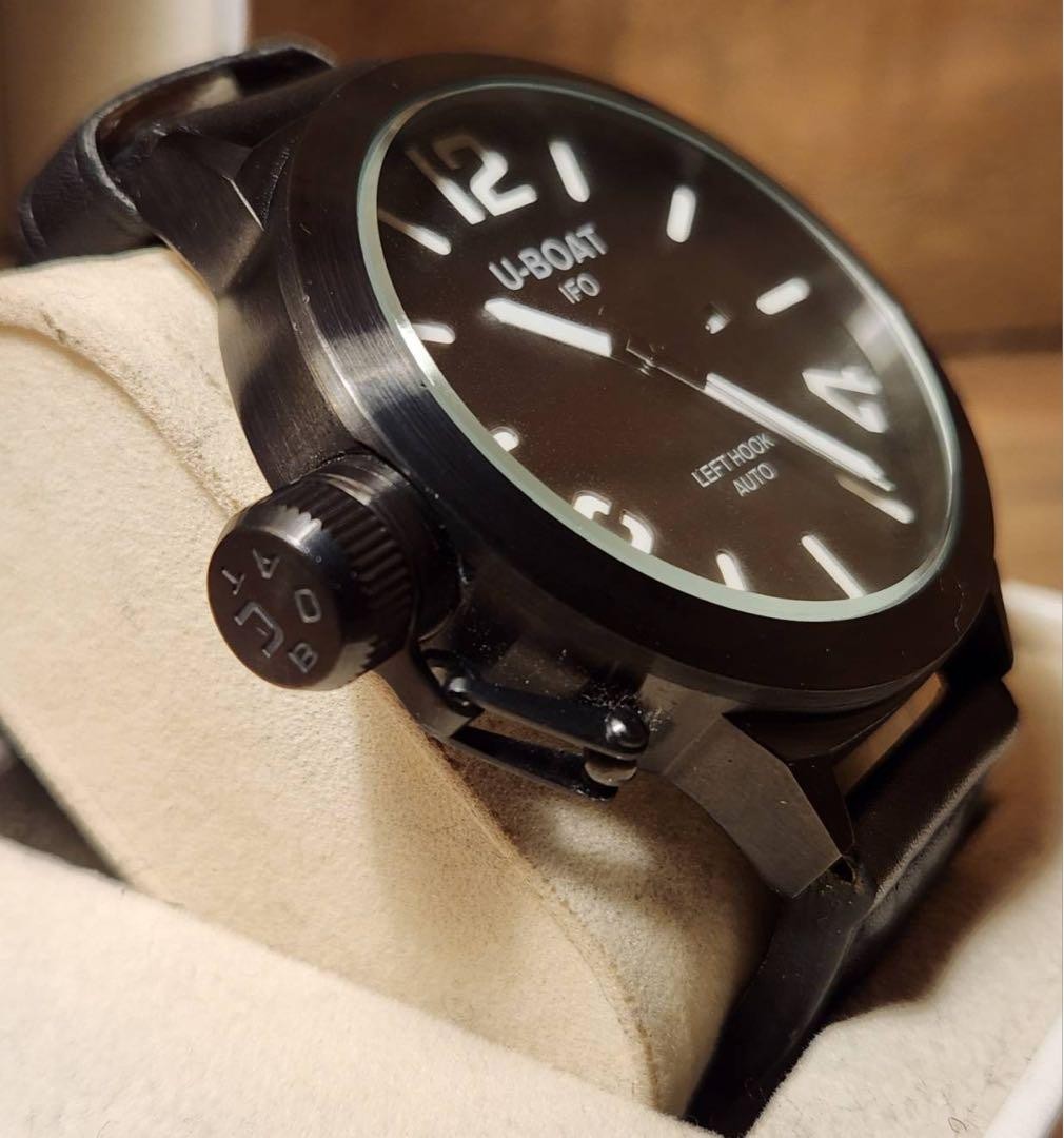 U-BOAT IFO Left Hook Auto Italo Fontana 316L Black Leather Round Men Watch 52mm