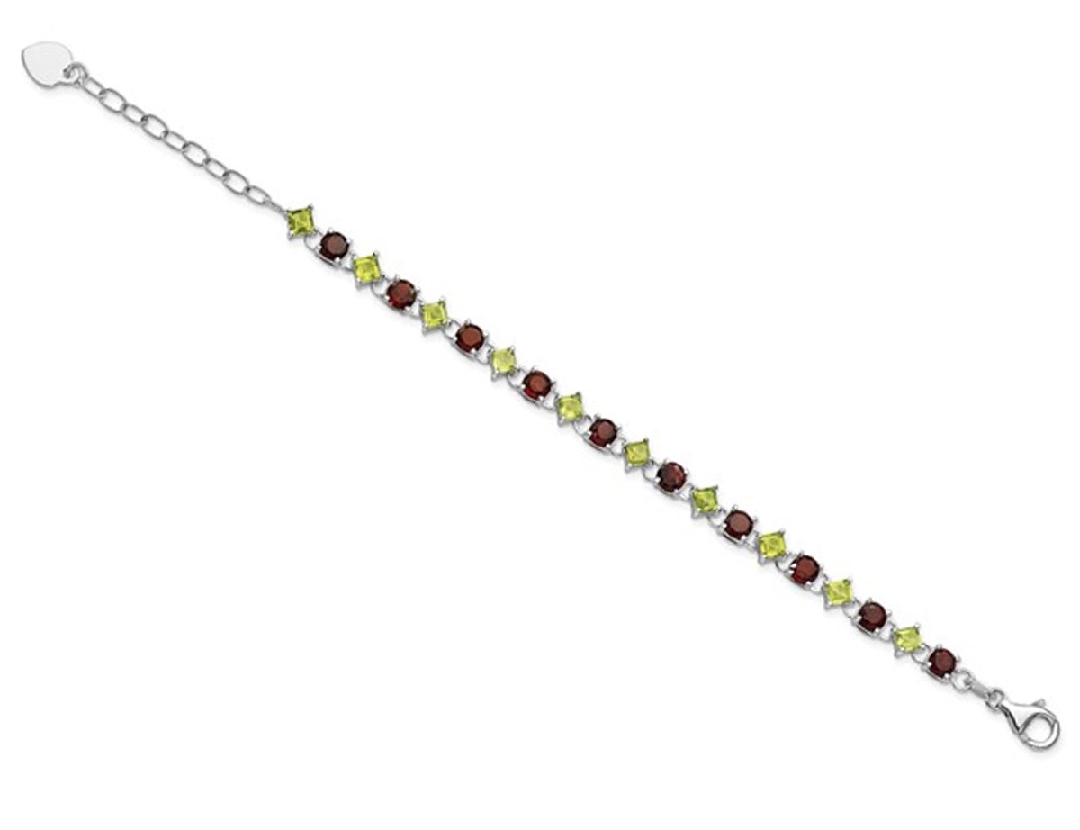 Green Peridot and Red Garnet Heart Bracelet in Sterling Silver
