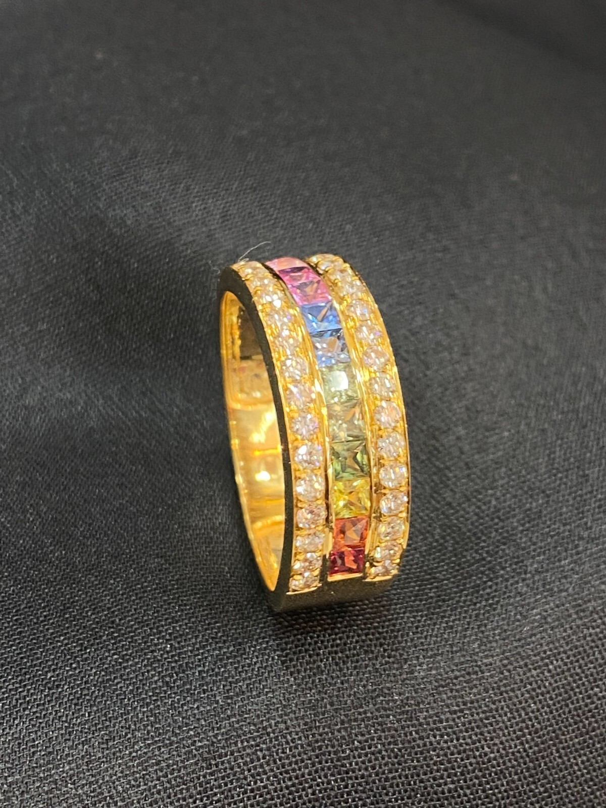 2.52 TCW Round Brilliant Diamonds Multi Color Princess Sapphire Ring in 18K Gold