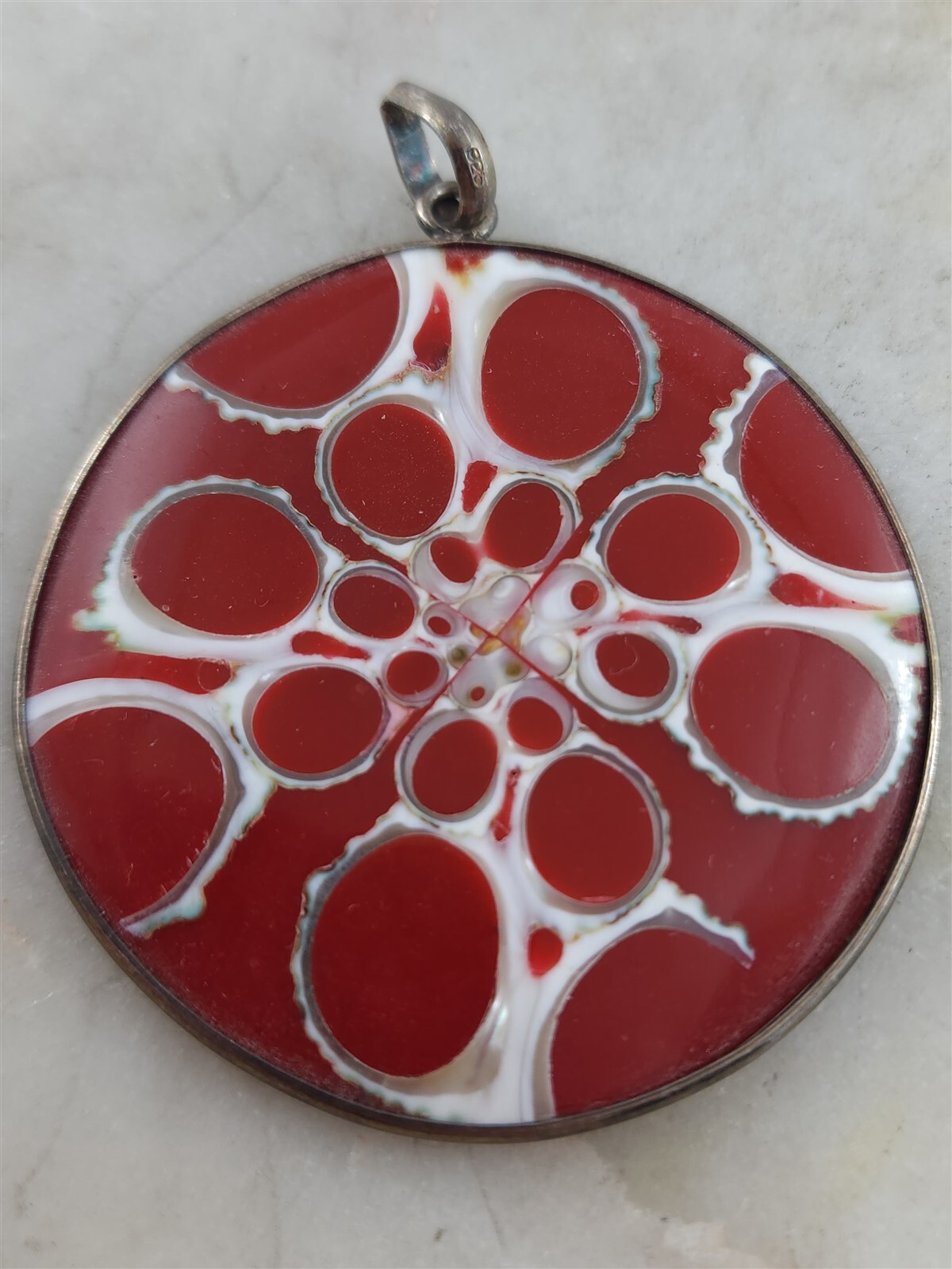 Sterling Silver Geometric Mother of Pearl Shell Inlay Red Pendant 10.7 Grams
