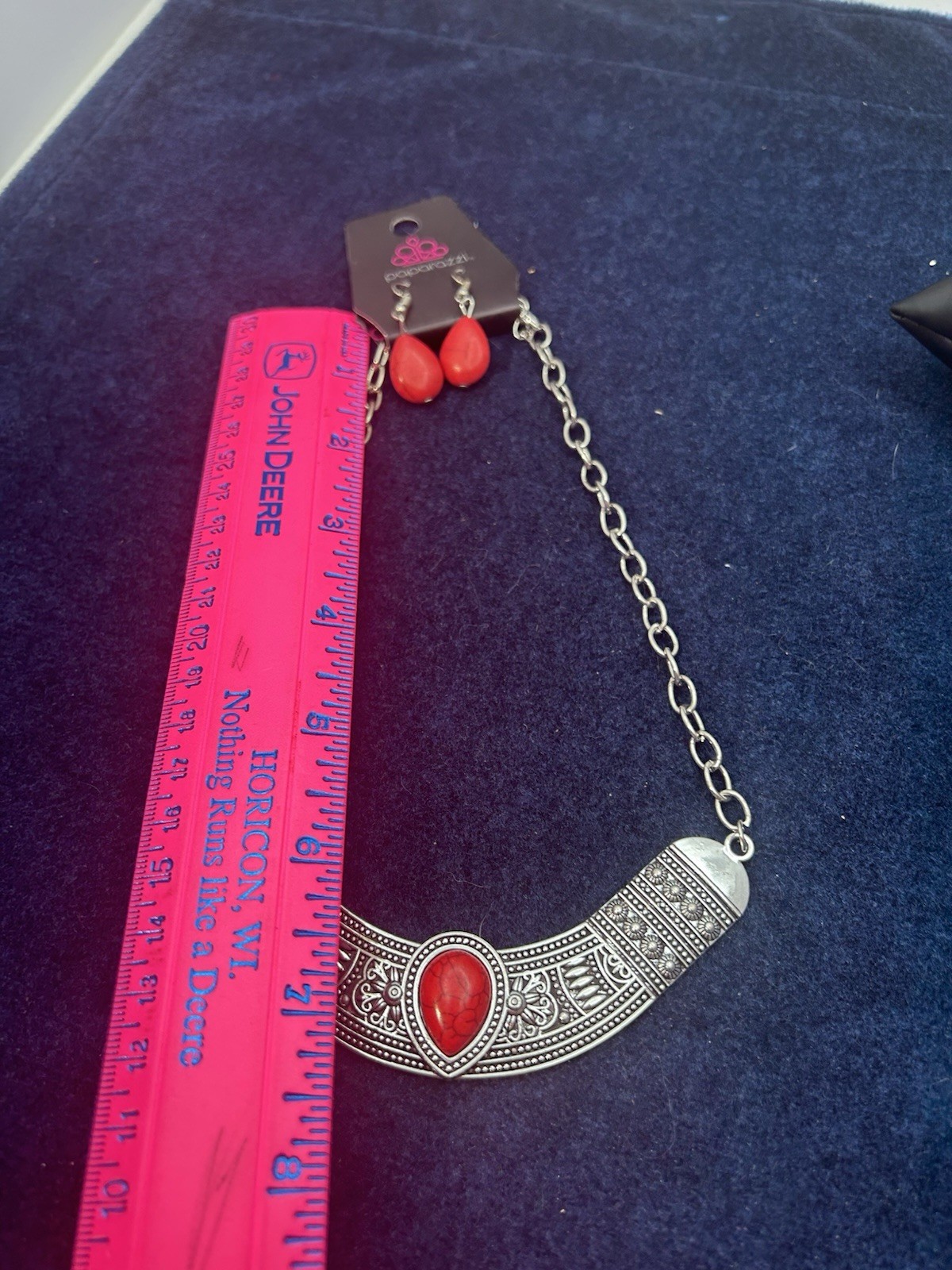 Paparazzi Very Venturous Red Necklace with Matching Earrings Silver Tone Tribal