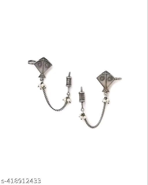 Kite Design Silver Earring With Chain For Her Wear Bollywood Style Jewellery