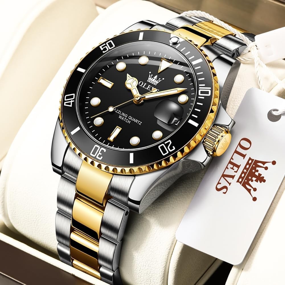 Stainless Steel Two-Tone Men’s Watch – Big Face with Date, Waterproof & Luminous