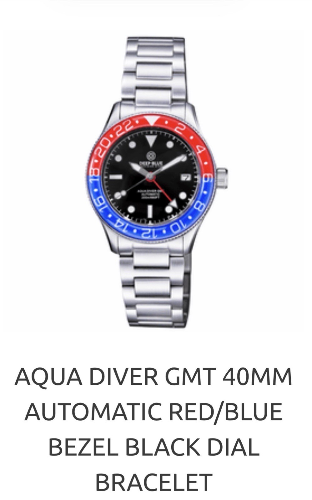 DEEP BLUE AQUA DIVER GMT 40MM AUTO WATCH RED/BLUE BEZEL-BLACK DIAL‼️