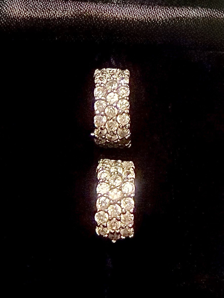 14 KT WHITE GOLD/3 ROW PAVE SET CZ HUGGIE HOOP 12.7 MM EARRINGS / 2.25 GRS