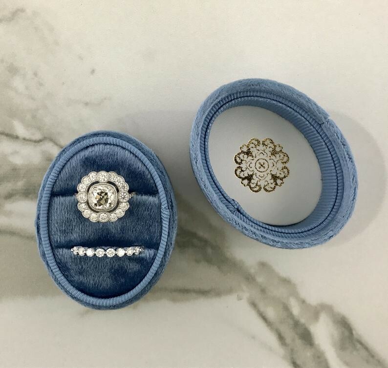 Oval Velvet Ring Box – Double Slots  Handmade Keepsake Vintage engagement Ring 