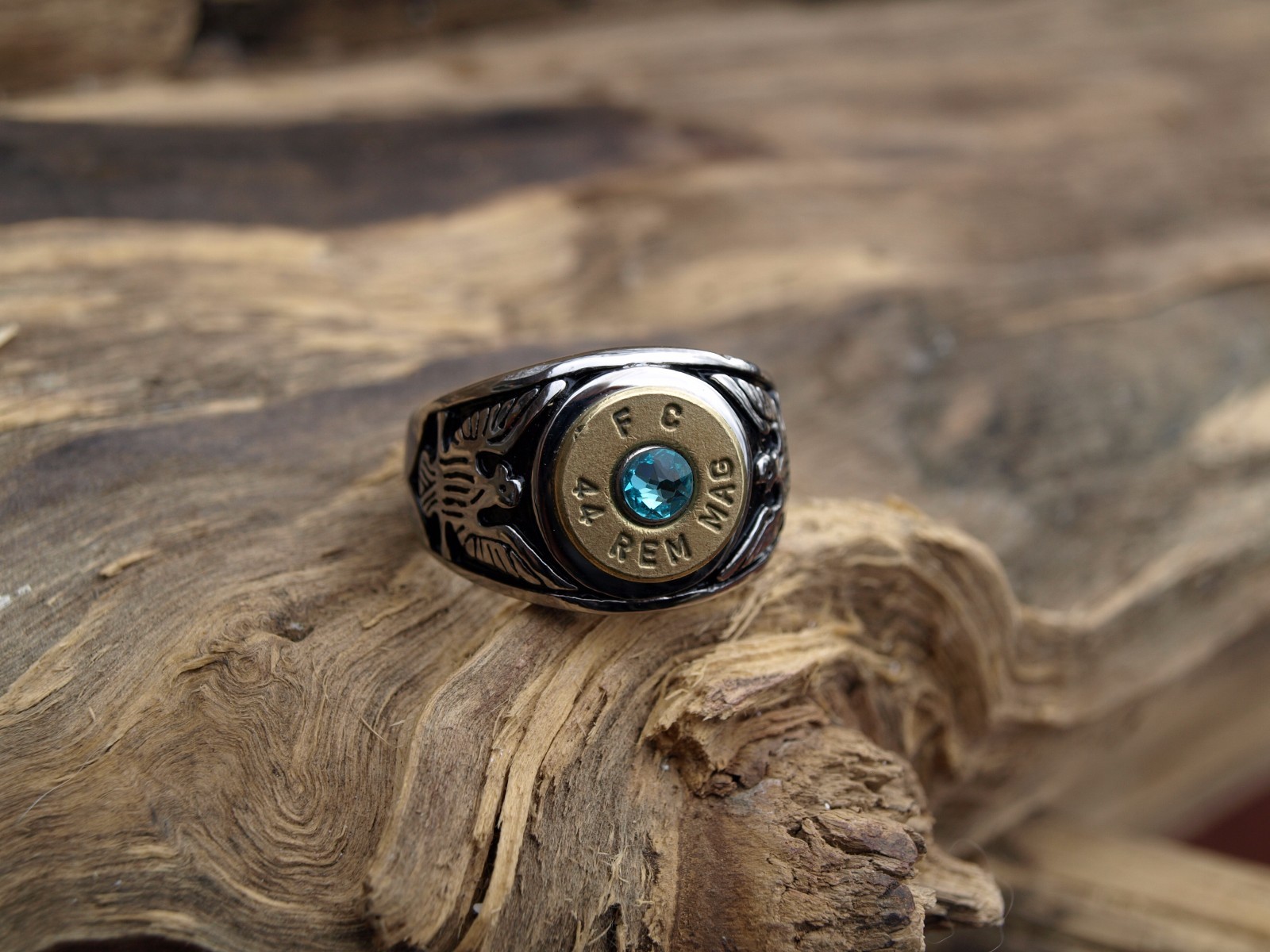 Stainless Steel Eagle Bullet Ring. 44 Mag Casing. Optional Glass Crystal