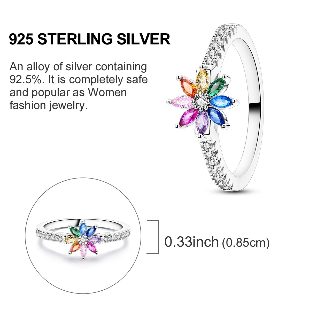 LAZA Original 925 Sterling Silver Ring CZ Hope Rainbow Flowers for Women Jewelry