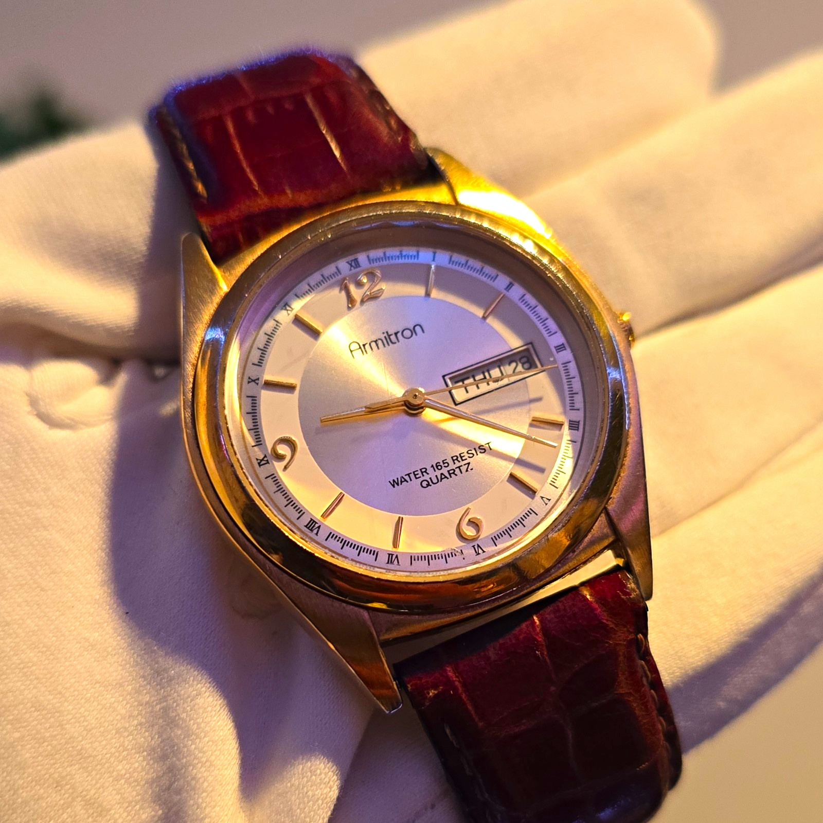 Armitron Men’s Quartz Day/Date Watch 165ft Water Resist Gold Tone Brown Leather