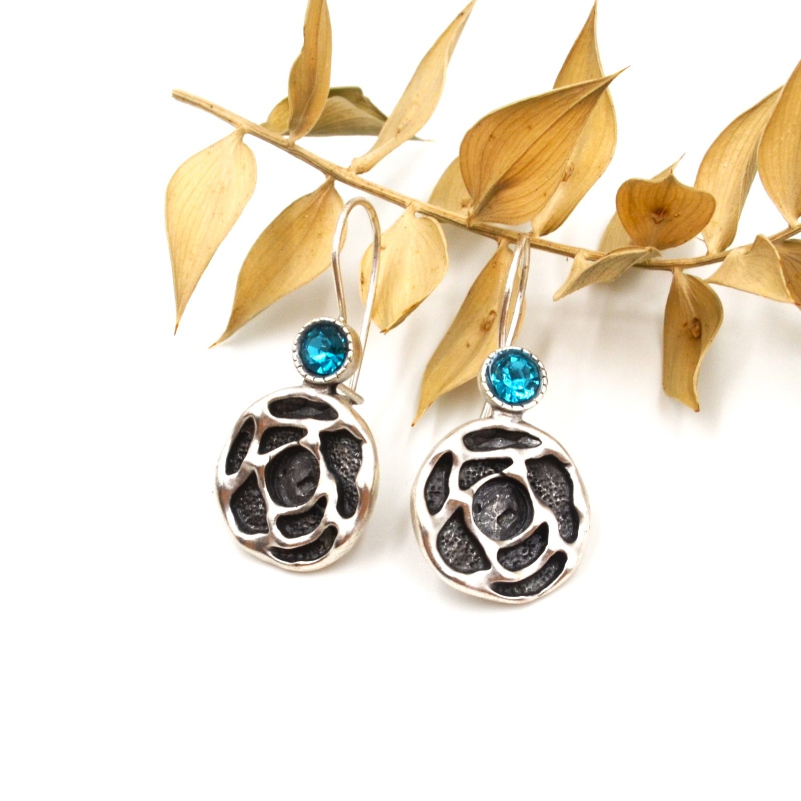 Lightweight Antique Silver Round Dangle Earrings Blue Zircon Boho Jewelry