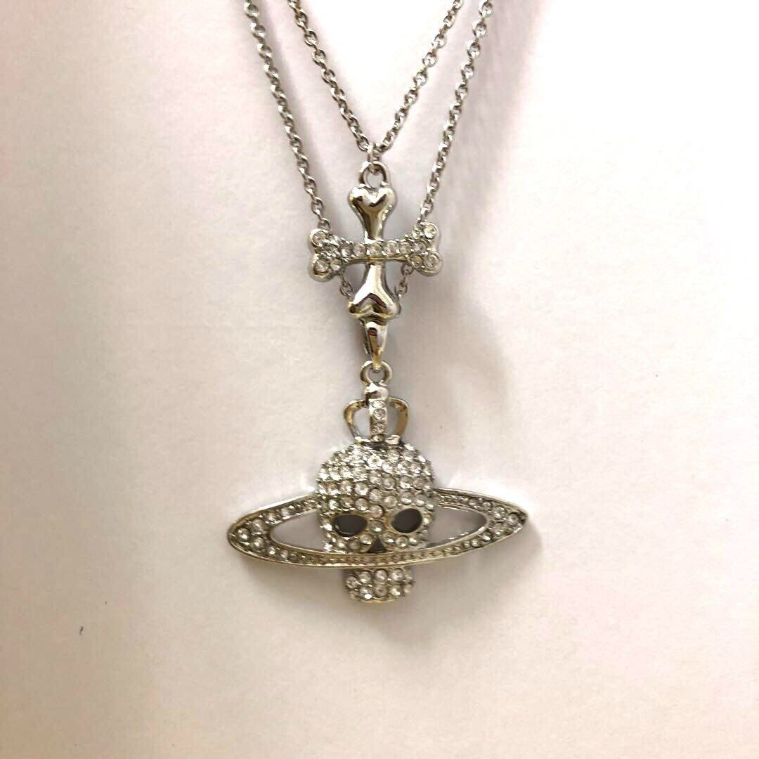 Vivienne Westwood Skull Orb Stone Double Chain Necklace Silver with drawstring