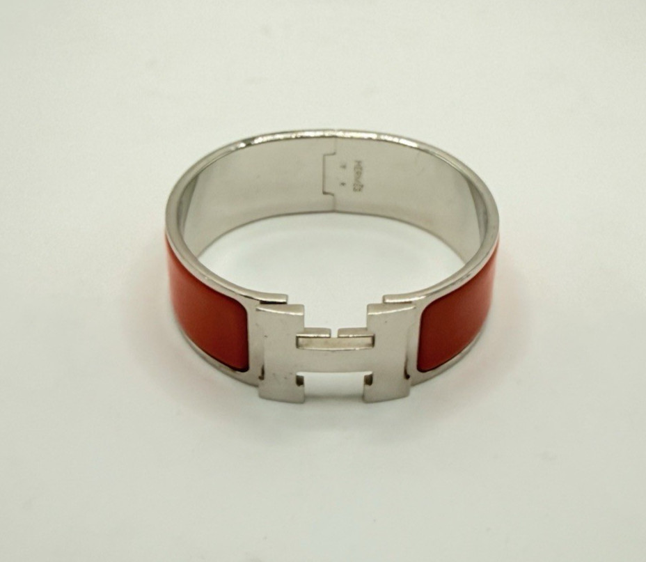 Hermès Clic Clac H Bracelet Orange Enamel Palladium Silver Tone Box Pouch 1 in