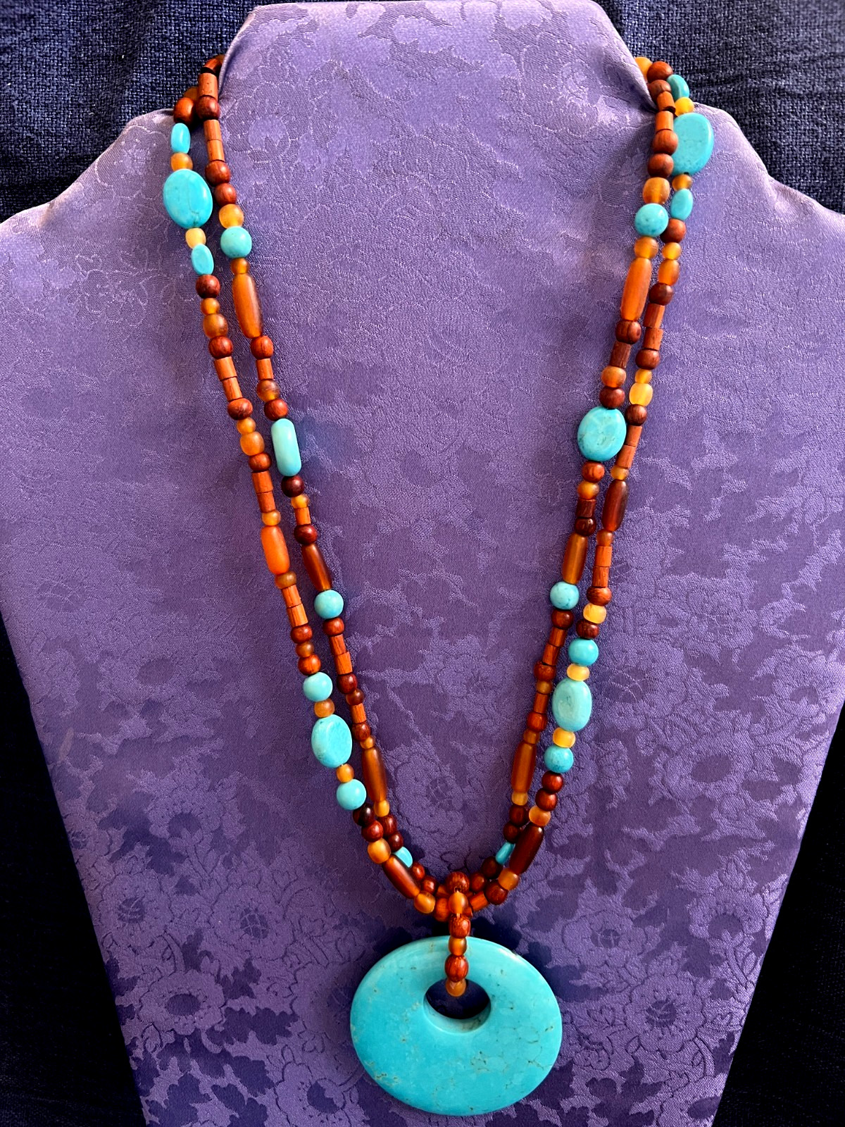 Beaded Necklace 17.5 To 19.5 Inches Long Lobster Clasp Turquoise Blue Brown