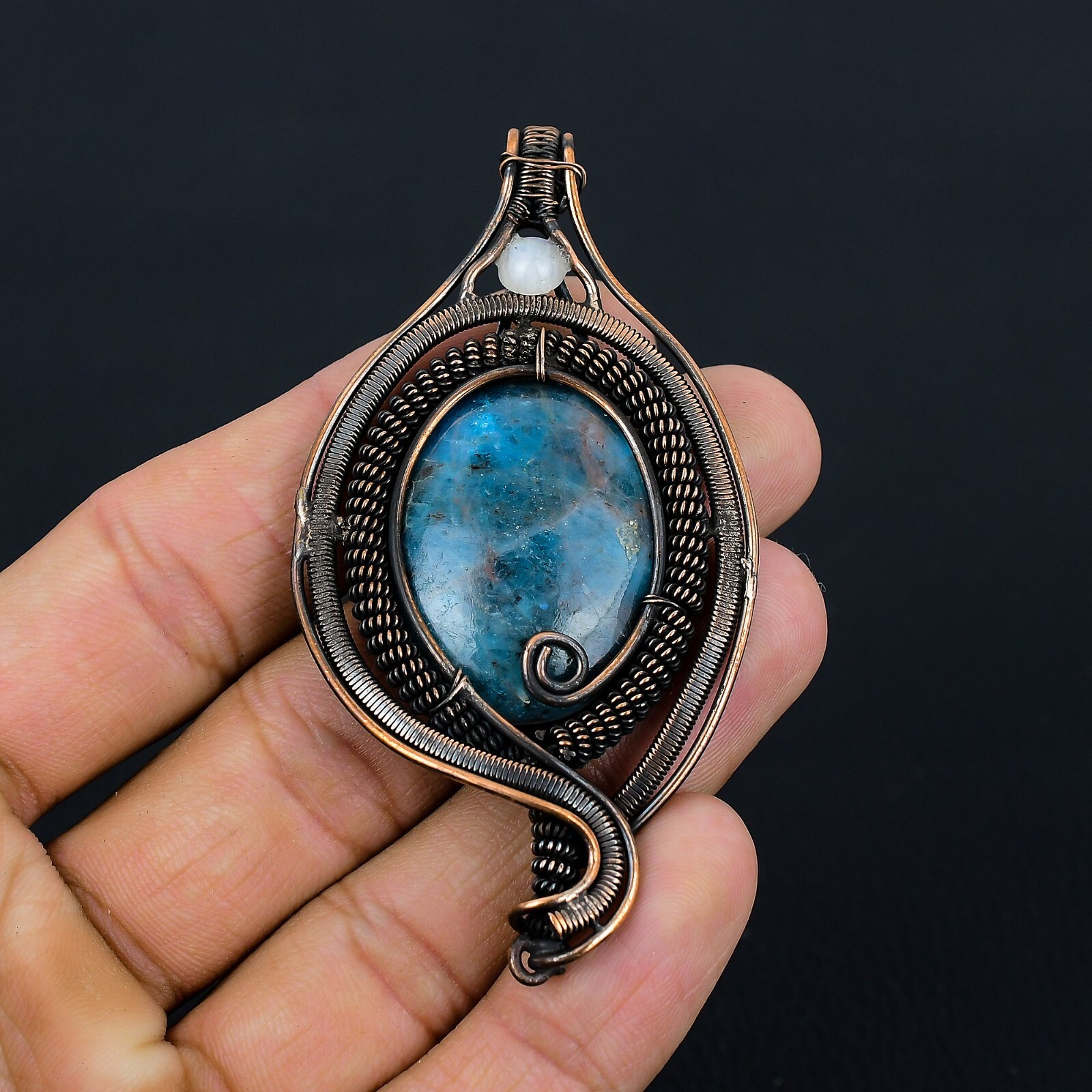 Neon Blue Apatite Handmade Gemstone Copper Wire Wrapped Jewelry Pendant