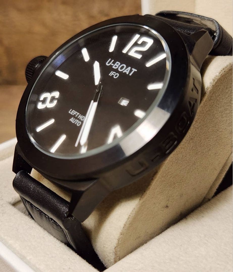 U-BOAT IFO Left Hook Auto Italo Fontana 316L Black Leather Round Men Watch 52mm