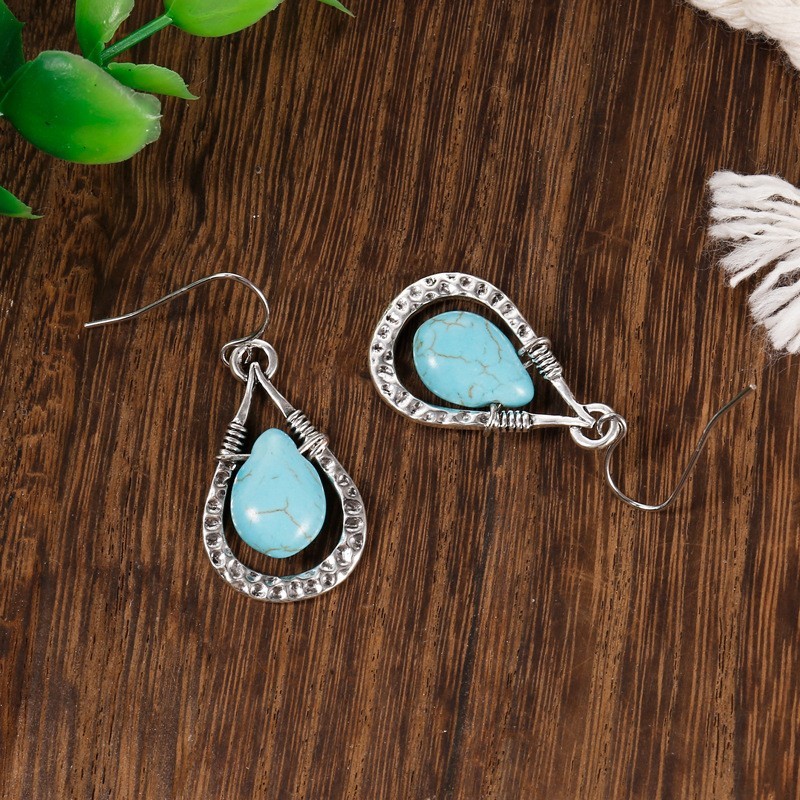 Boho Simple Hammer Lines Raindrops Turquoise Silver-plated Alloy Dangle Earrings