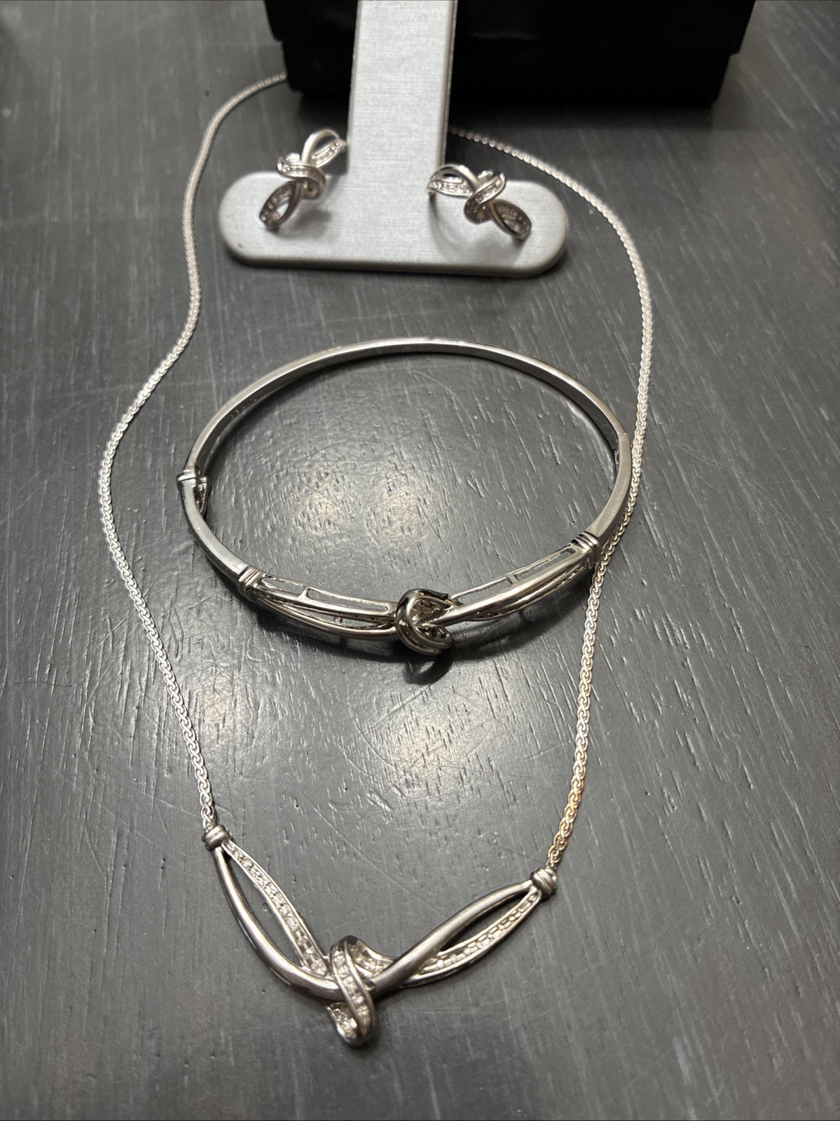 Zales Sterling Silver Diamond Accent Necklace, Earring, Bracelet Set 3 Pieces