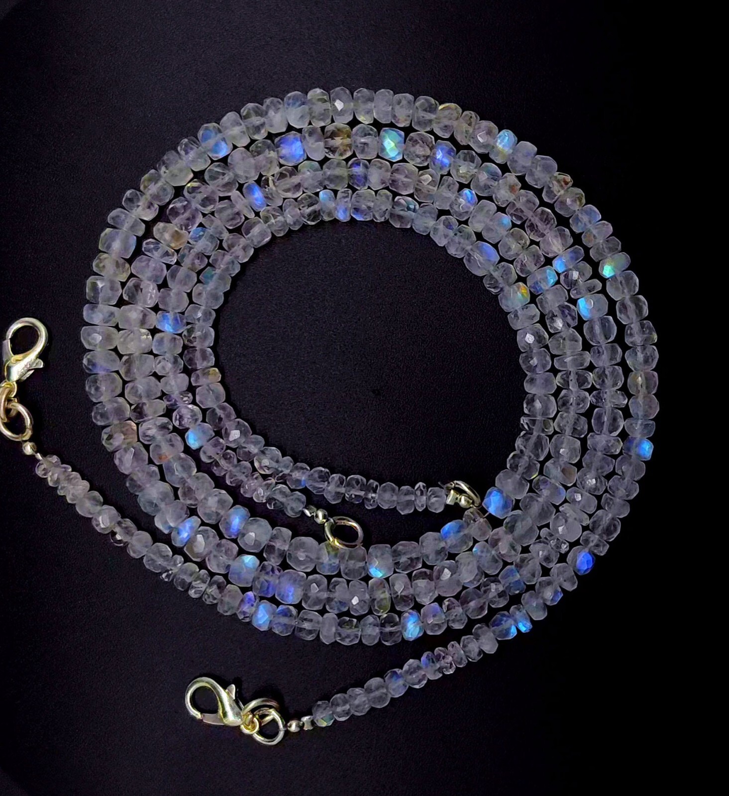 Natural Gem Blue Fire Rainbow Moonstone 4-5mm Faceted Rondelle Bead Necklace 16″