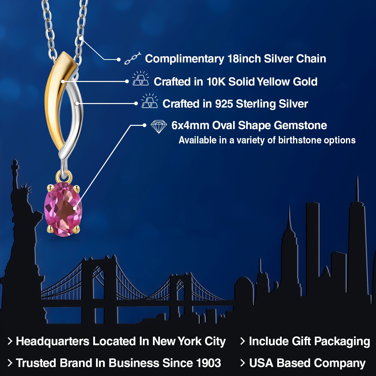 925 Silver and 10K Yellow Gold Pink Mystic Topaz Pendant Necklace for Women |